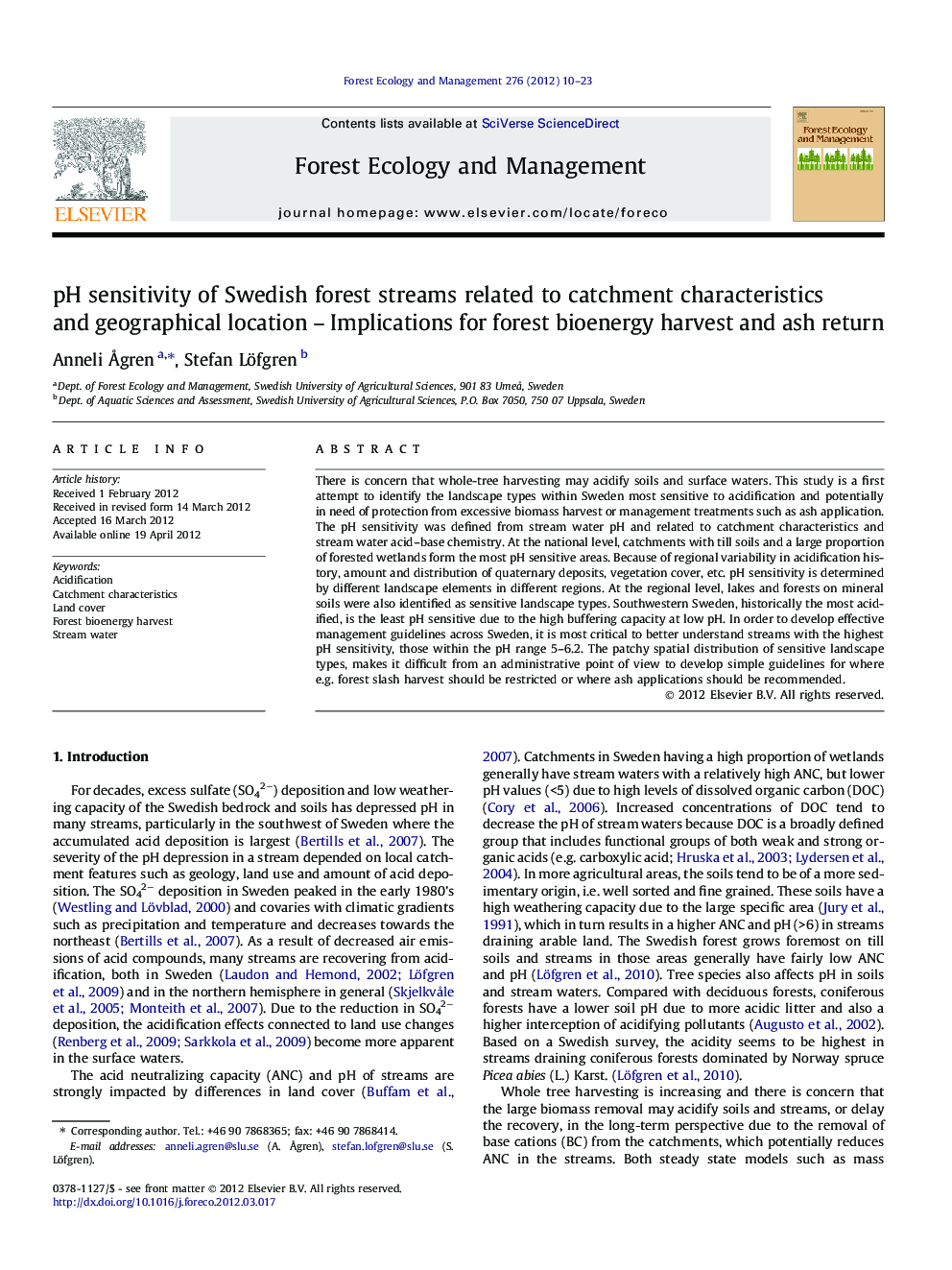 pH sensitivity of Swedish forest streams related to catchment characteristics and geographical location – Implications for forest bioenergy harvest and ash return