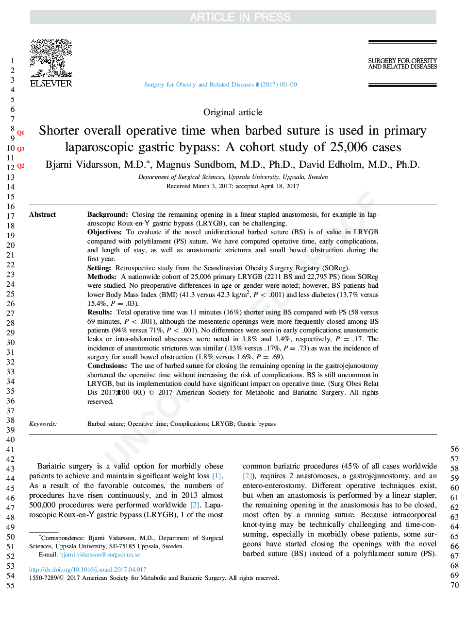 زمان کوتاهتر کارکردن زمانی که سوزن خاردار در بایپس اولیه لاپاروسکوپی مورد استفاده قرار میگیرد: یک مطالعه کوهورت از 25،006 مورد 
