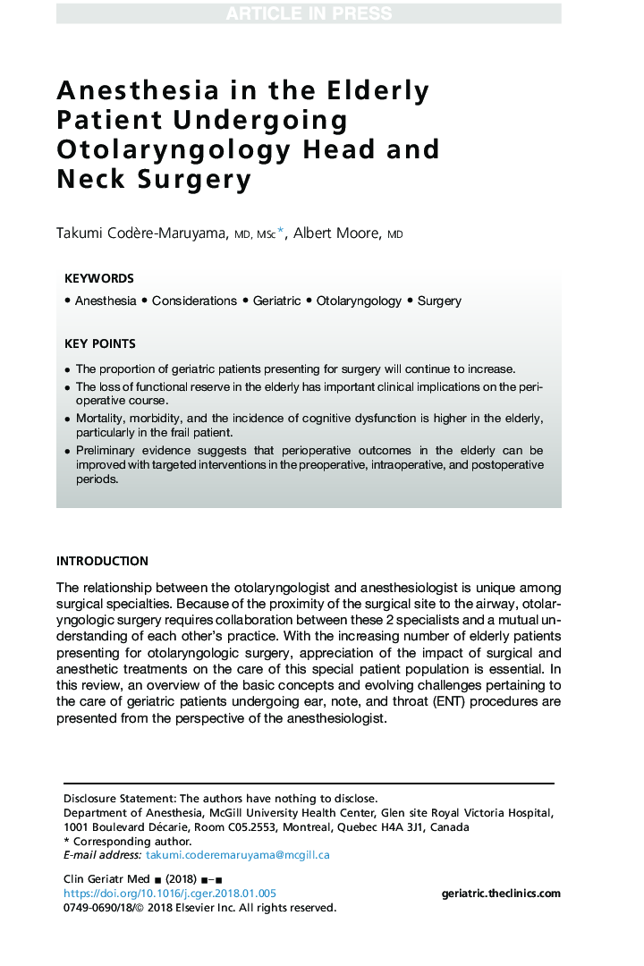 Anesthesia in the Elderly Patient Undergoing Otolaryngology Head and Neck Surgery