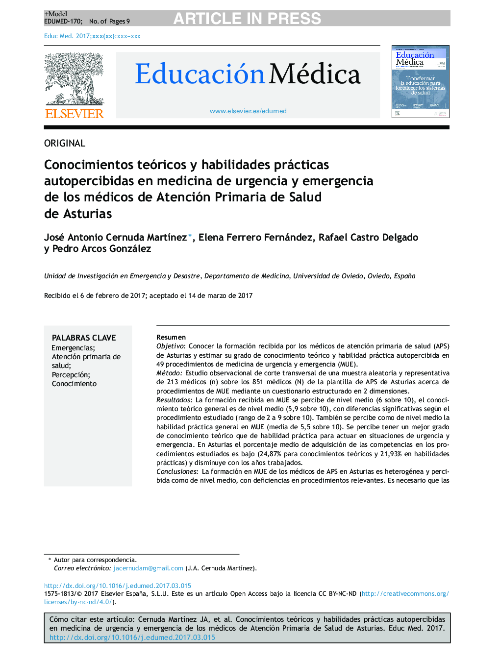 Conocimientos teóricos y habilidades prácticas autopercibidas en medicina de urgencia y emergencia de los médicos de Atención Primaria de Salud de Asturias