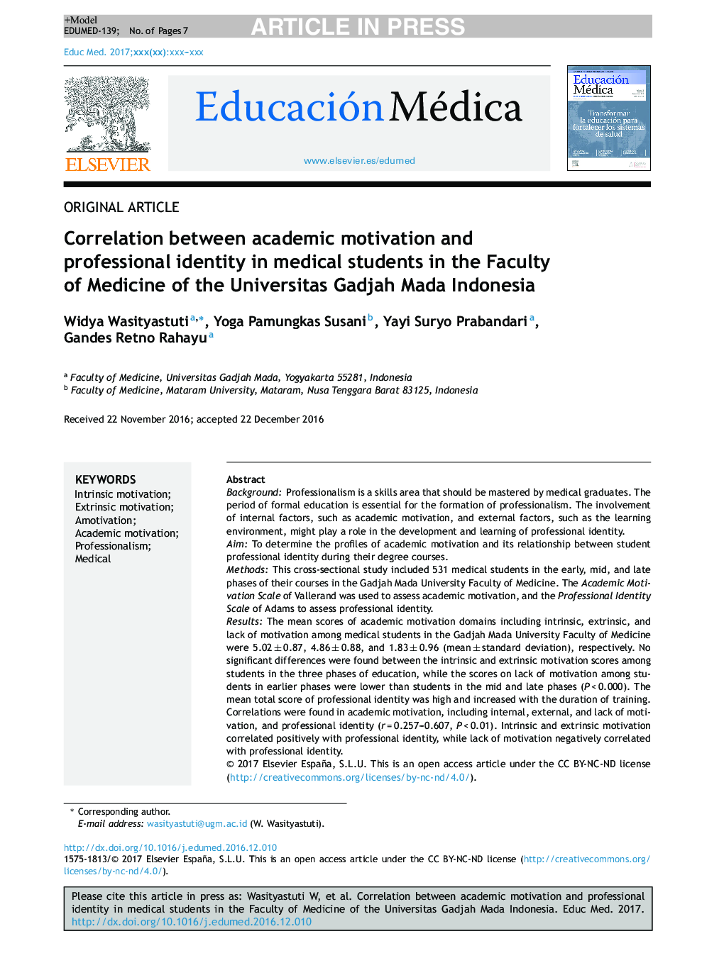 Correlation between academic motivation and professional identity in medical students in the Faculty of Medicine of the Universitas Gadjah Mada Indonesia