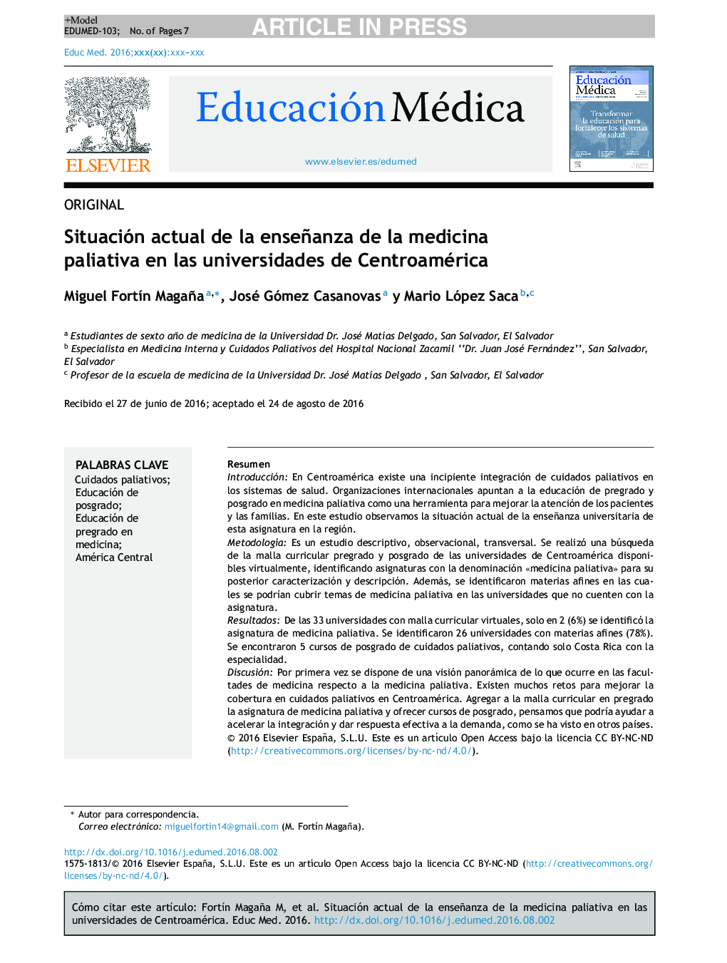 Situación actual de la enseñanza de la medicina paliativa en las universidades de Centroamérica