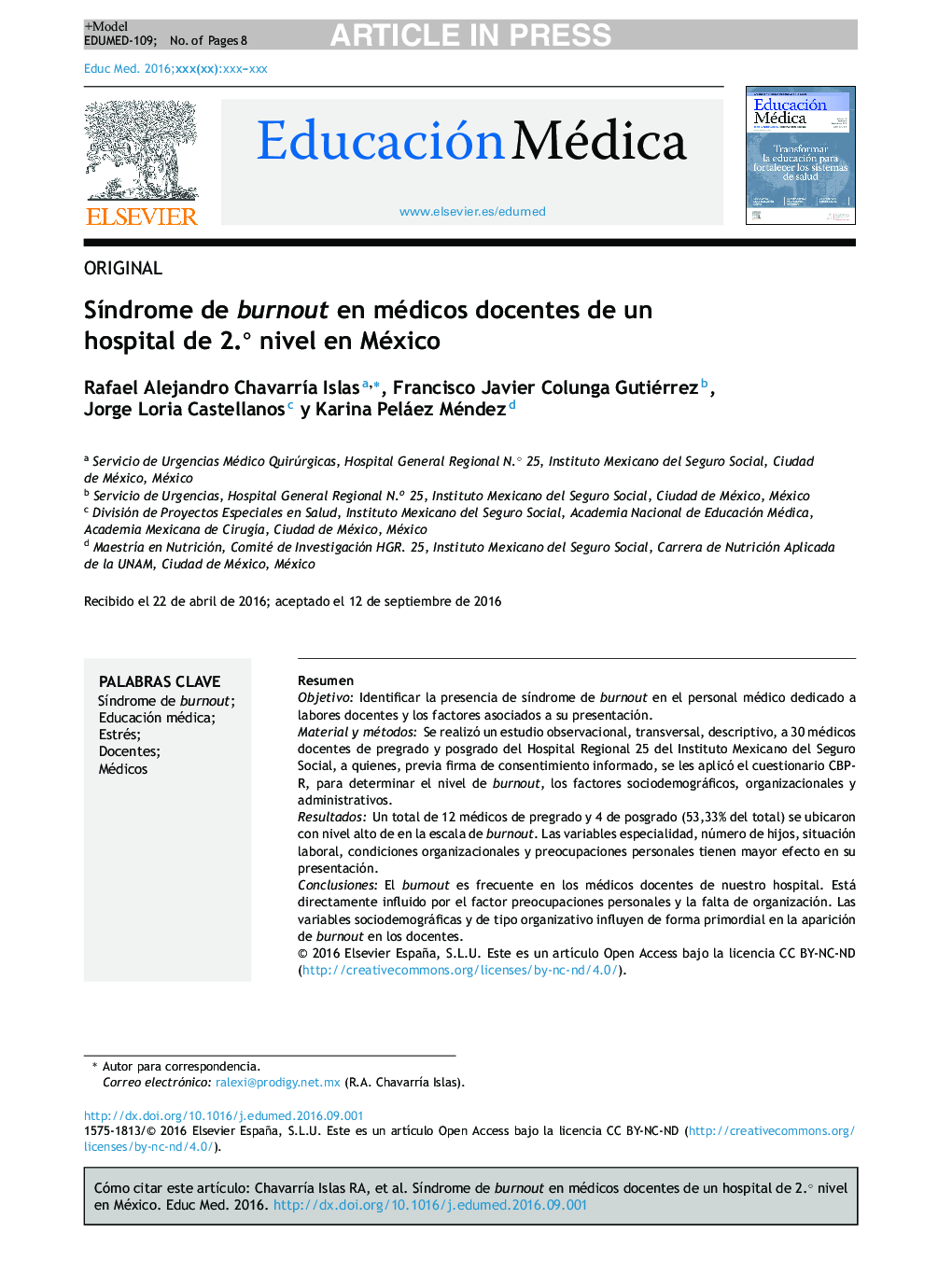 SÃ­ndrome de burnout en médicos docentes de un hospital de 2.Â° nivel en México