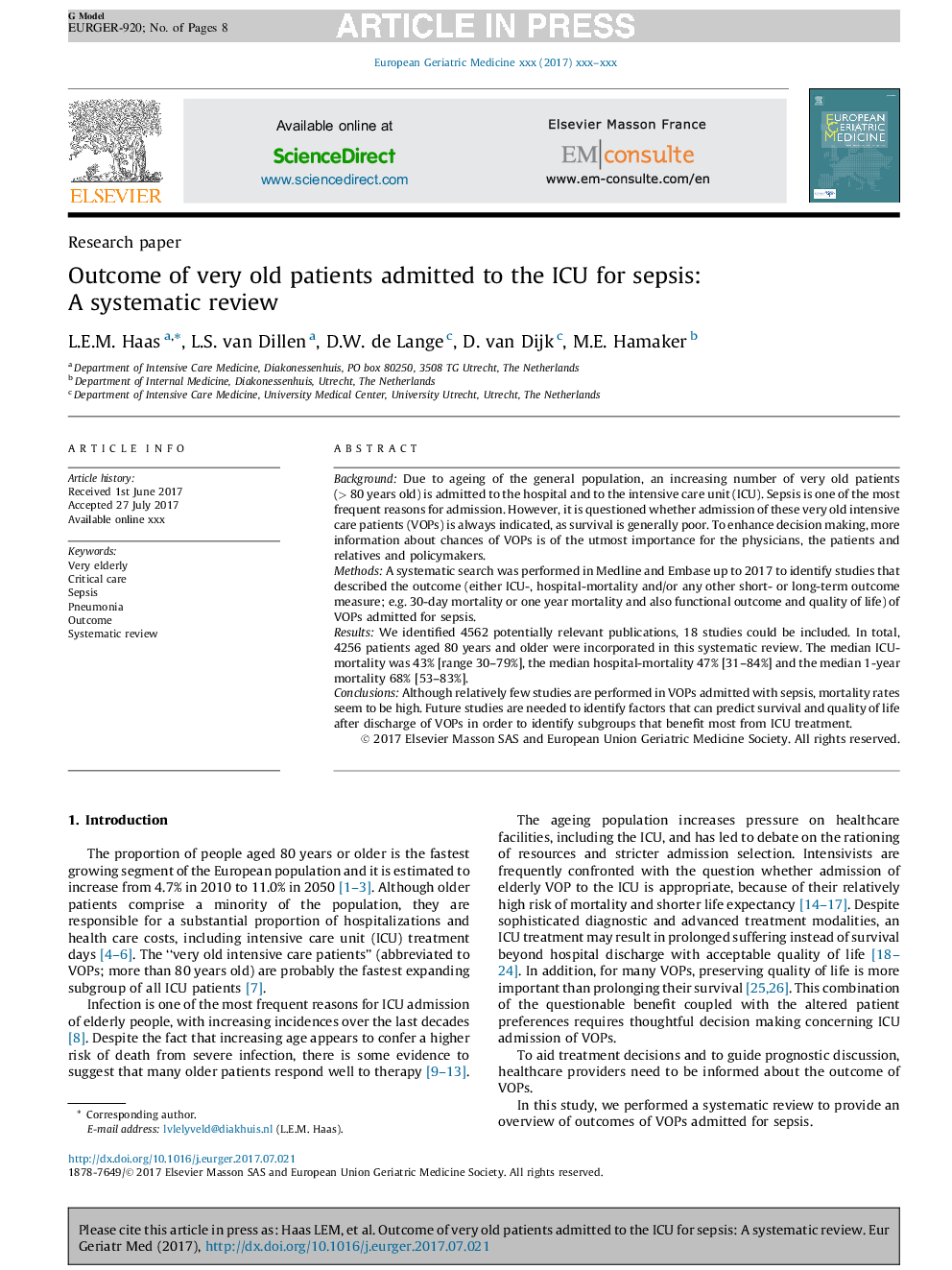 Outcome of very old patients admitted to the ICU for sepsis: A systematic review