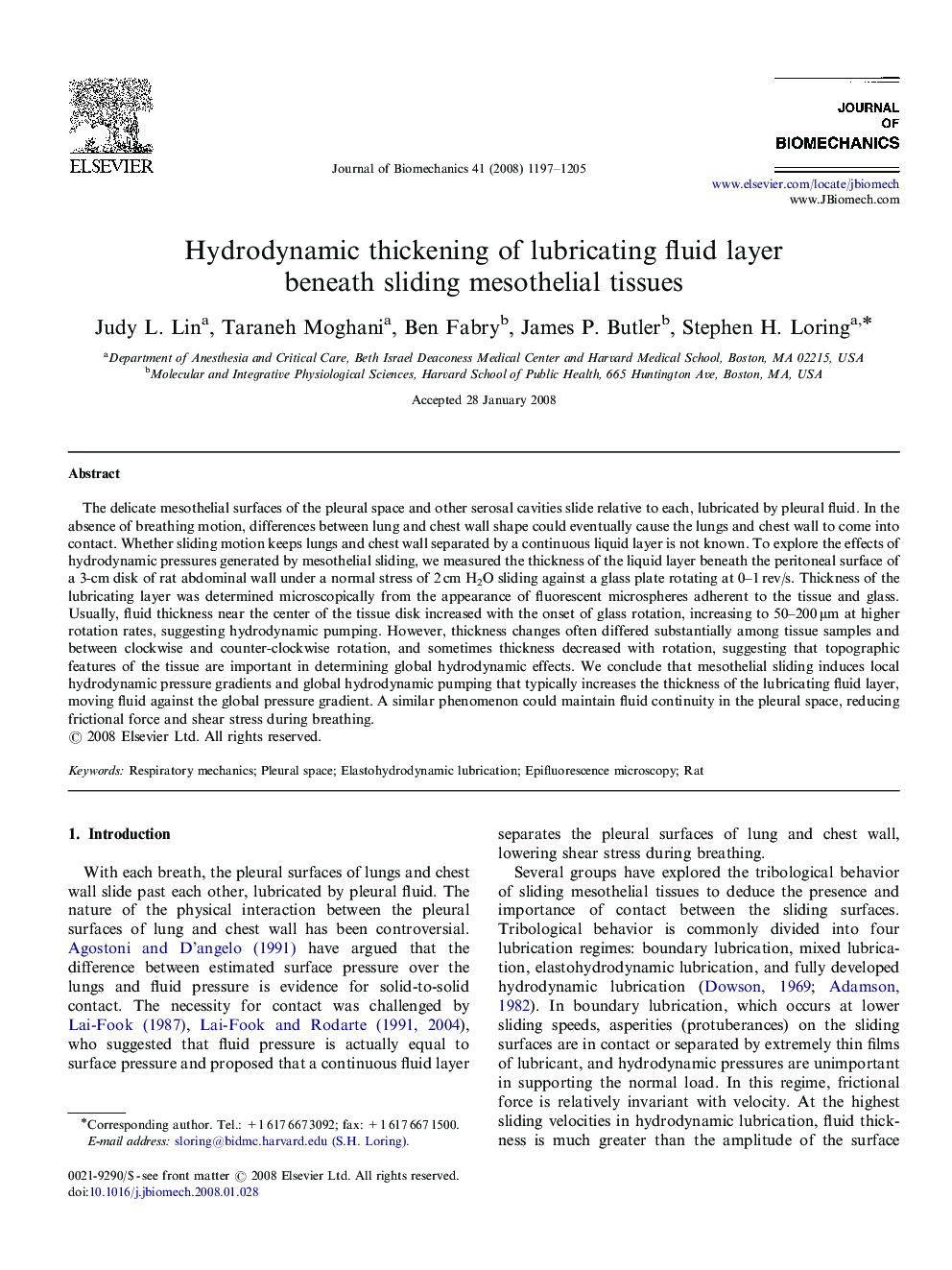 Hydrodynamic thickening of lubricating fluid layer beneath sliding mesothelial tissues