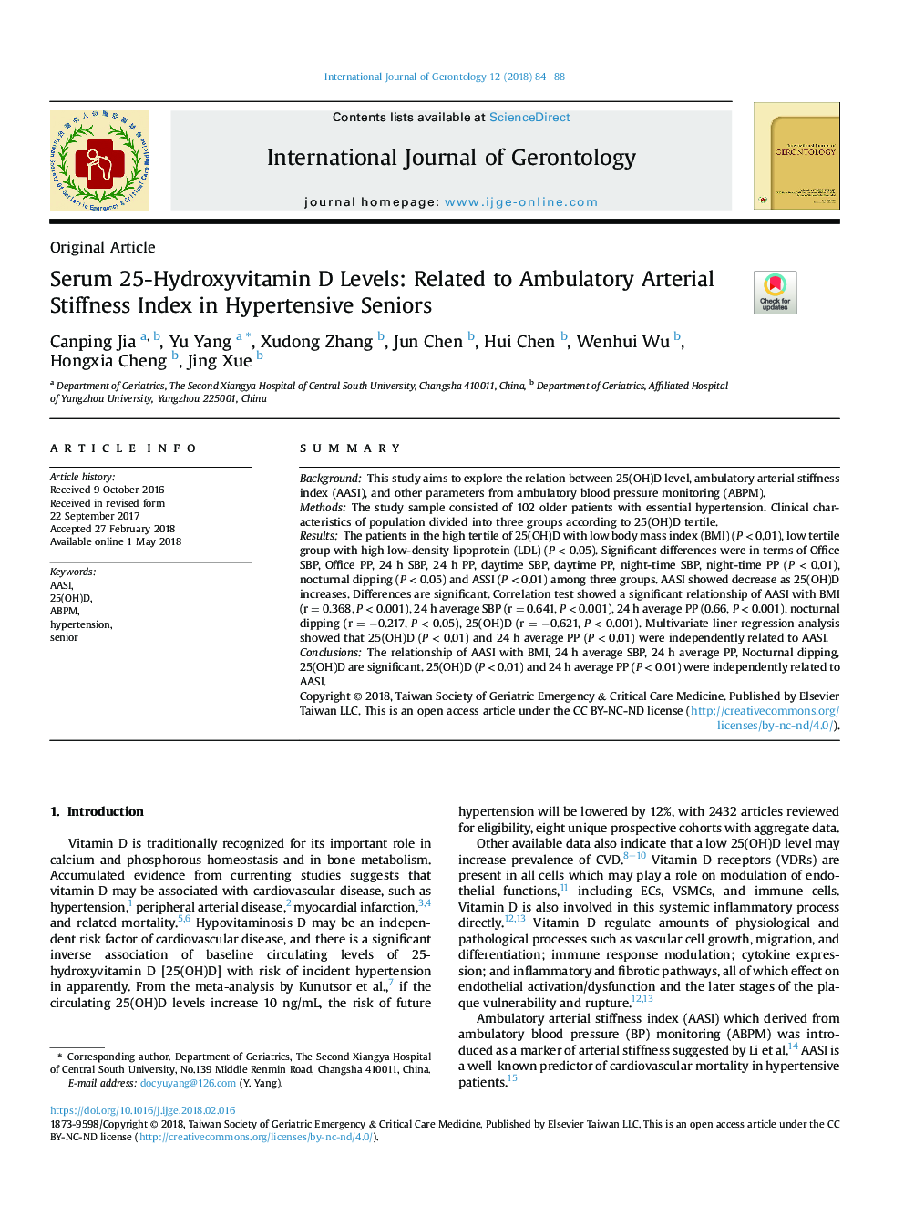 Serum 25-Hydroxyvitamin D Levels: Related to Ambulatory Arterial Stiffness Index in Hypertensive Seniors