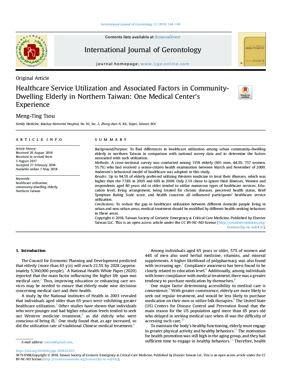 Healthcare Service Utilization and Associated Factors in Community-Dwelling Elderly in Northern Taiwan: One Medical Center's Experience