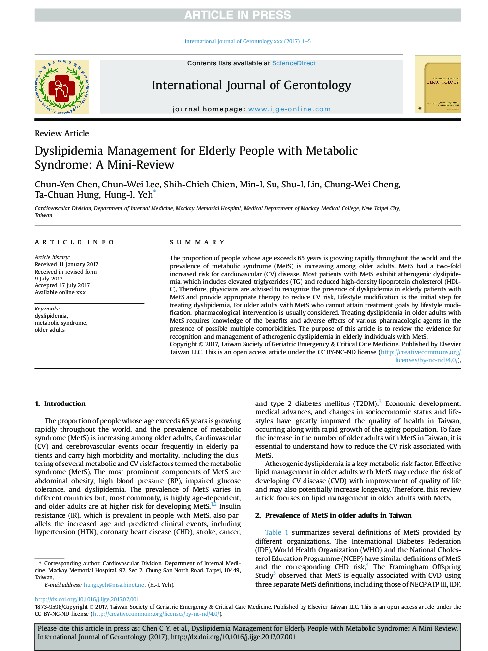 Dyslipidemia Management for Elderly People with Metabolic Syndrome: A Mini-Review