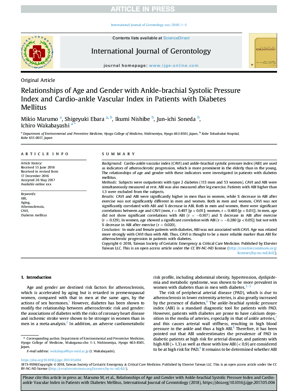 Relationships of Age and Gender with Ankle-brachial Systolic Pressure Index and Cardio-ankle Vascular Index in Patients with Diabetes Mellitus