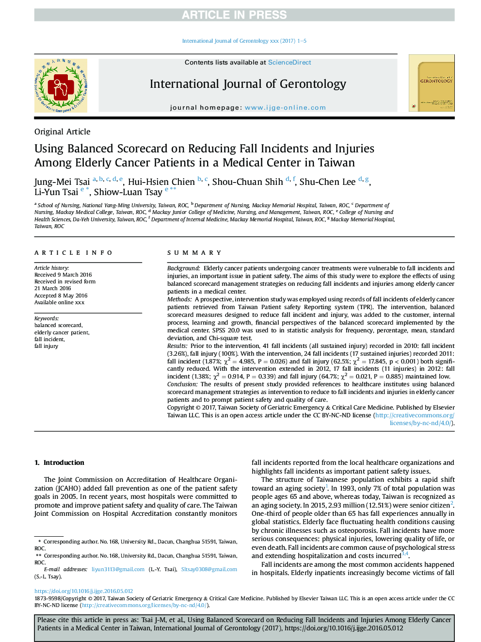 Using Balanced Scorecard on Reducing Fall Incidents and Injuries Among Elderly Cancer Patients in a Medical Center in Taiwan