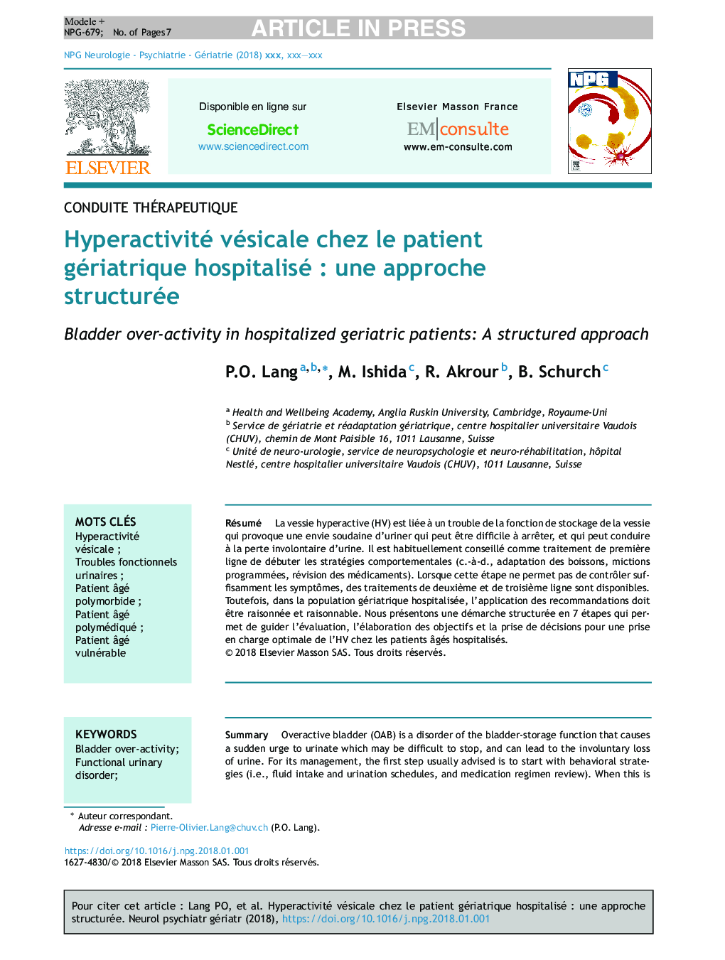 Hyperactivité vésicale chez le patient gériatrique hospitaliséÂ : une approche structurée