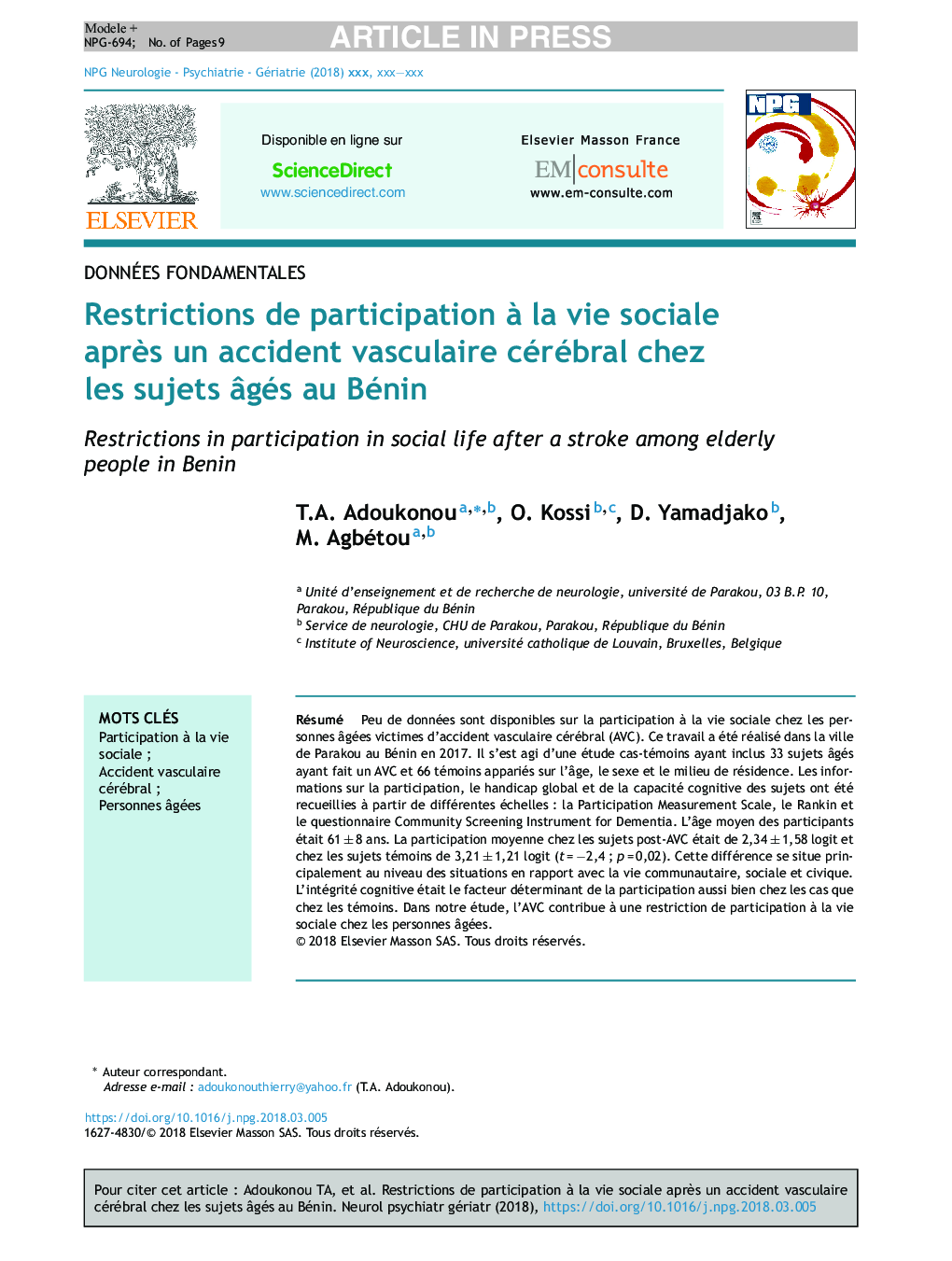 Restrictions de participation Ã  la vie sociale aprÃ¨s un accident vasculaire cérébral chez les sujets Ã¢gés au Bénin