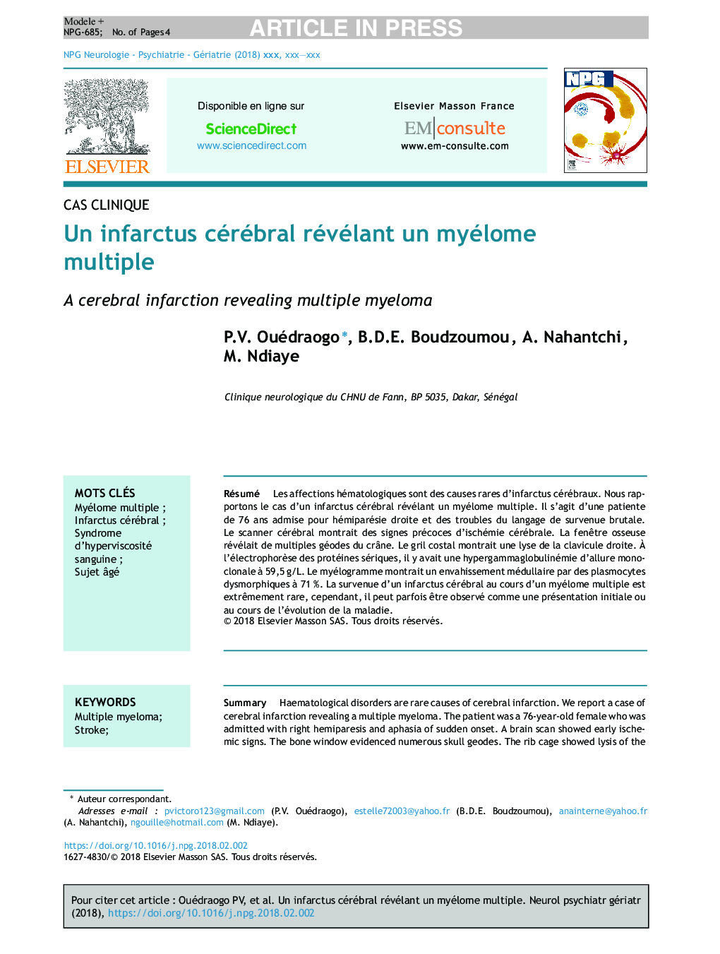 Un infarctus cérébral révélant un myélome multiple