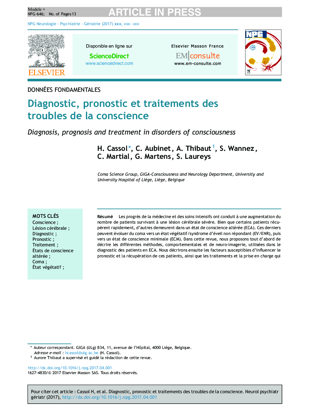 Diagnostic, pronostic et traitements des troubles de la conscience