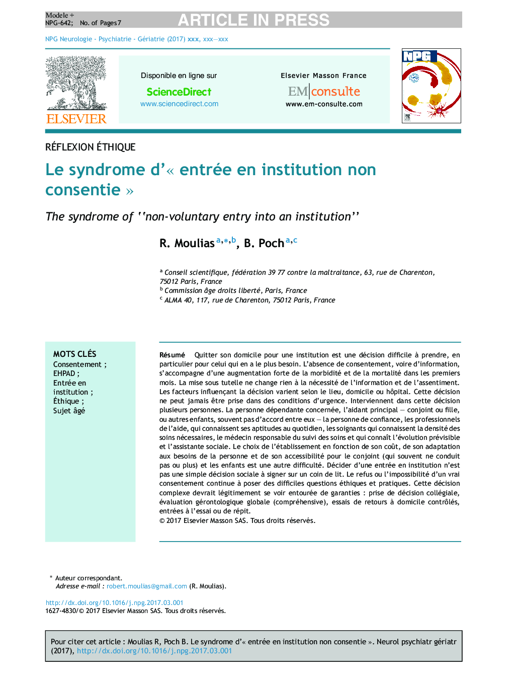 عکس صفحه اول مقاله: Le syndrome d'« entrée en institution non consentie » Le syndrome d'« entrée en institution non consentie »