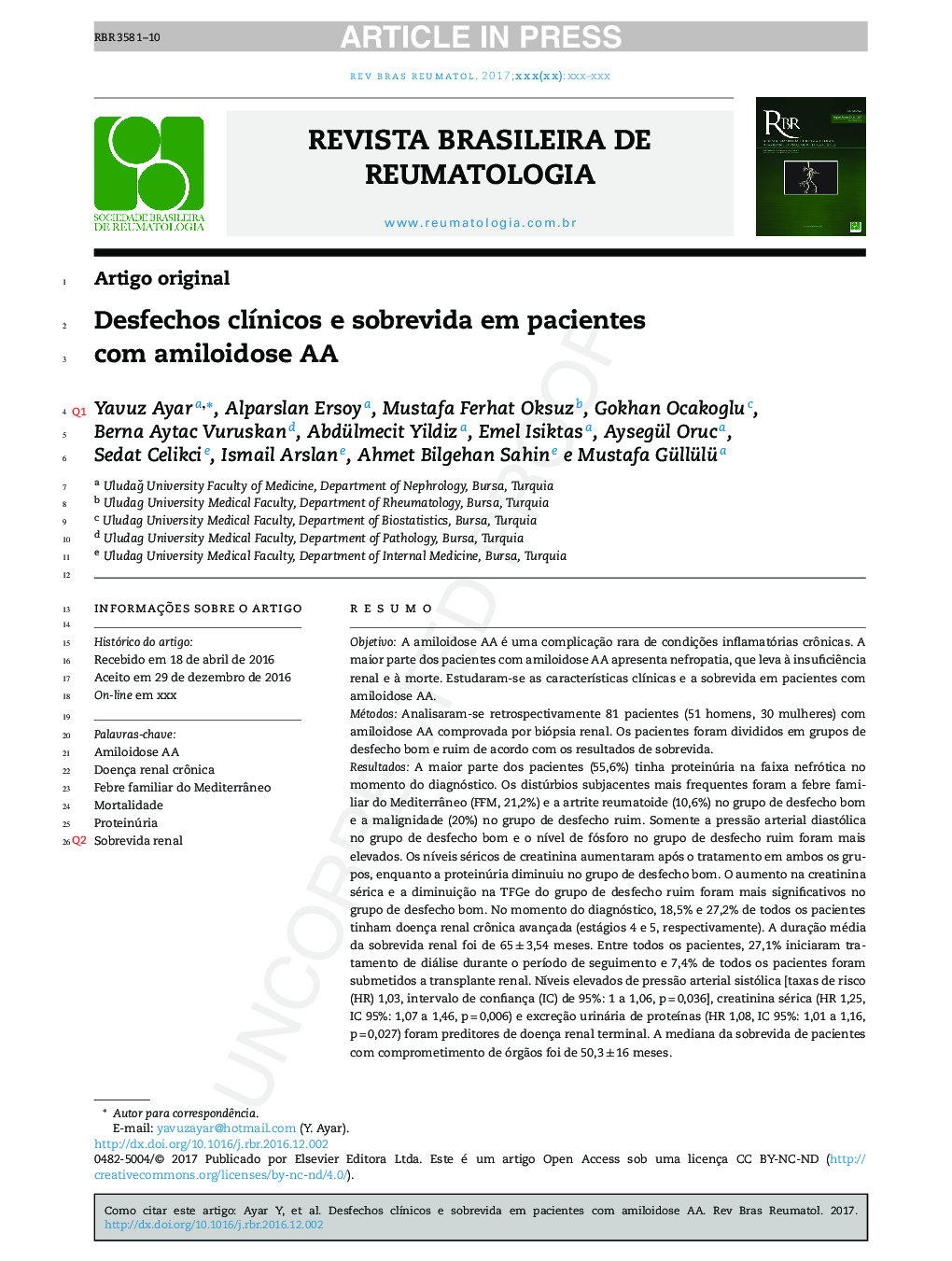 Desfechos clÃ­nicos e sobrevida em pacientes com amiloidose AA