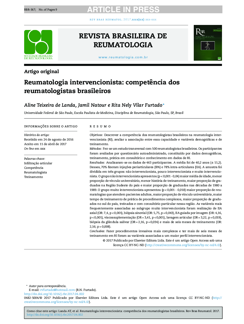 Reumatologia intervencionista: competÃªncia dos reumatologistas brasileiros
