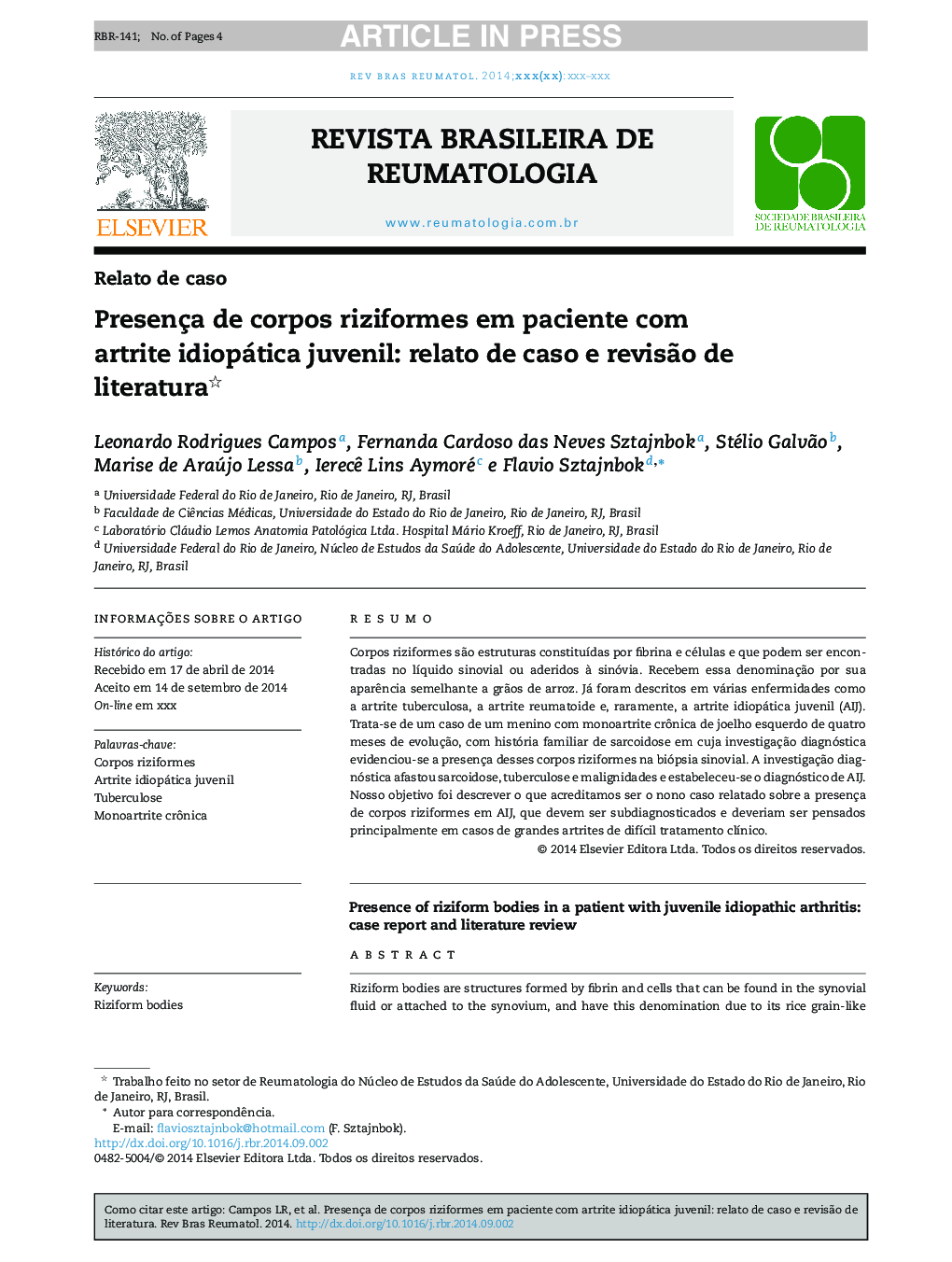 Presença de corpos riziformes em paciente com artrite idiopática juvenil: relato de caso e revisÃ£o de literatura