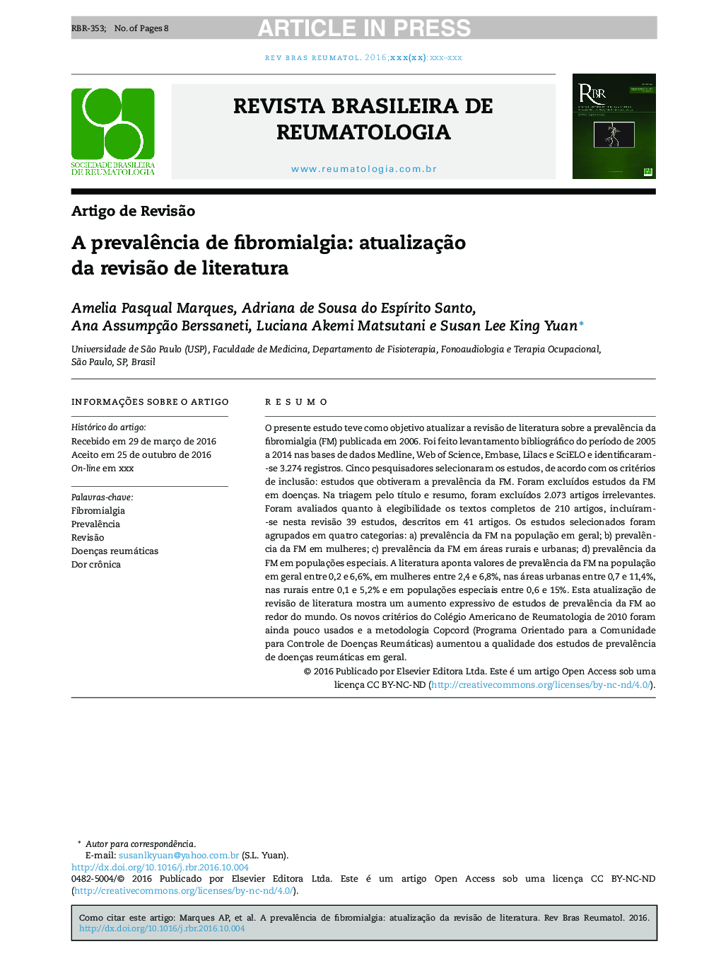 A prevalÃªncia de fibromialgia: atualizaçÃ£o da revisÃ£o de literatura