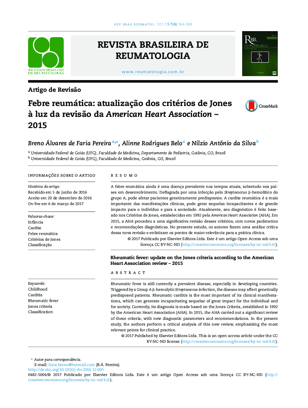 Febre reumática: atualizaçÃ£o dos critérios de Jones Ã  luz da revisÃ£o da American Heart Association - 2015