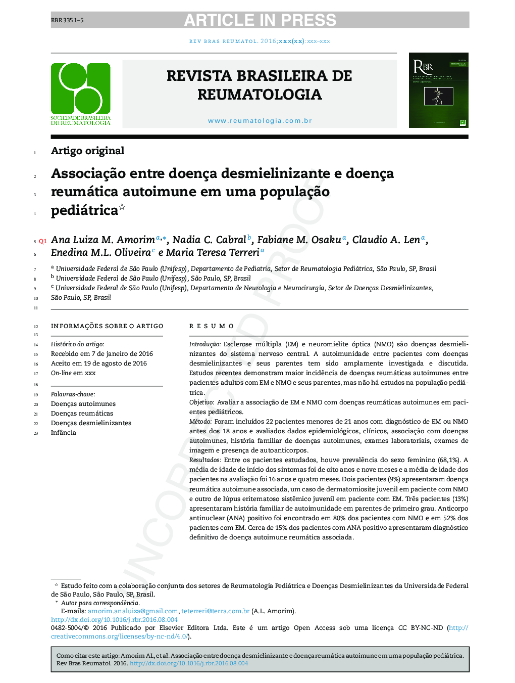 AssociaçÃ£o entre doença desmielinizante e doença reumática autoimune em uma populaçÃ£o pediátrica