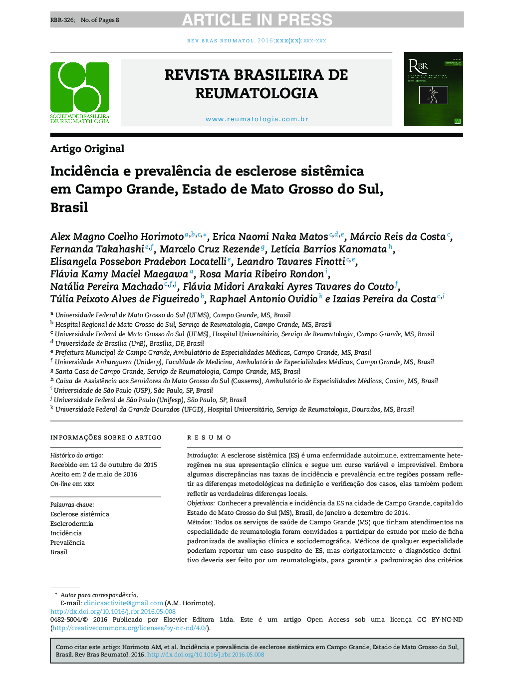 IncidÃªncia e prevalÃªncia de esclerose sistÃªmica em Campo Grande, Estado de Mato Grosso do Sul, Brasil