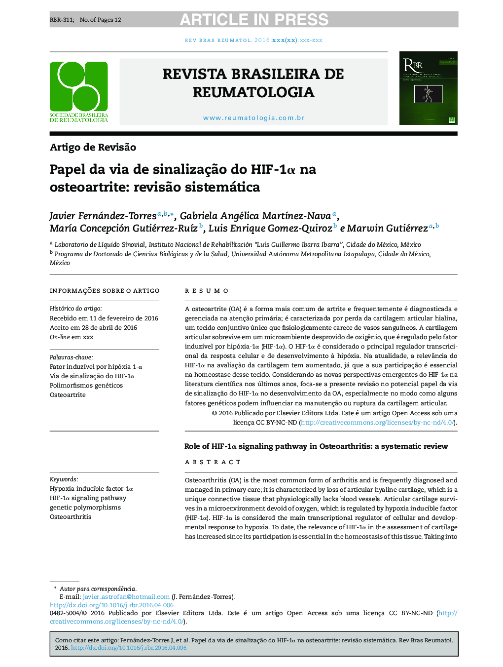 Papel da via de sinalizaçÃ£o do HIFâ1Î± na osteoartrite: revisÃ£o sistemática