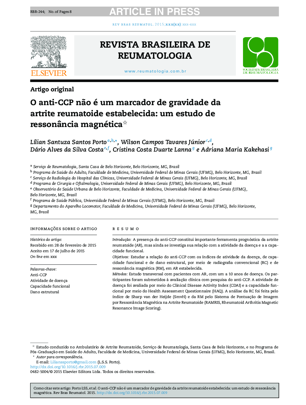 O antiâCCP nÃ£o é um marcador de gravidade da artrite reumatoide estabelecida: um estudo de ressonÃ¢ncia magnética