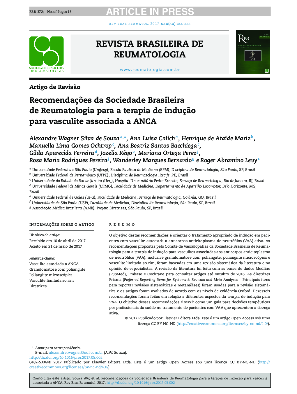 RecomendaçÃµes da Sociedade Brasileira de Reumatologia para a terapia de induçÃ£o para vasculite associada a ANCA