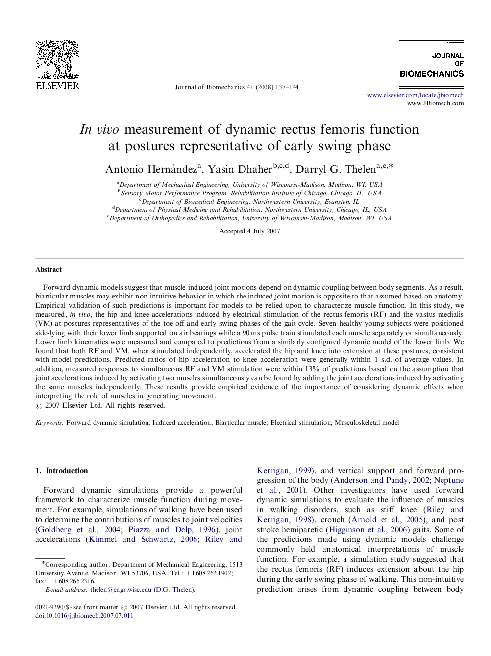 In vivo measurement of dynamic rectus femoris function at postures representative of early swing phase