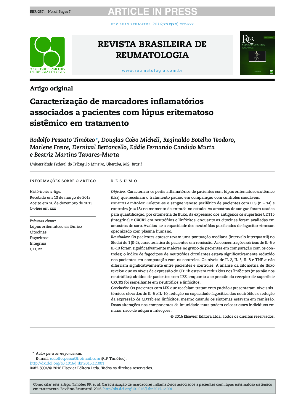 CaracterizaçÃ£o de marcadores inflamatórios associados a pacientes com lúpus eritematoso sistÃªmico em tratamento