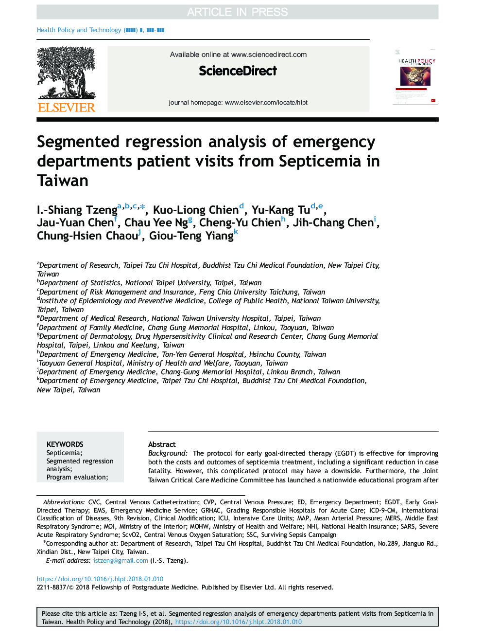 Segmented regression analysis of emergency departments patient visits from Septicemia in Taiwan