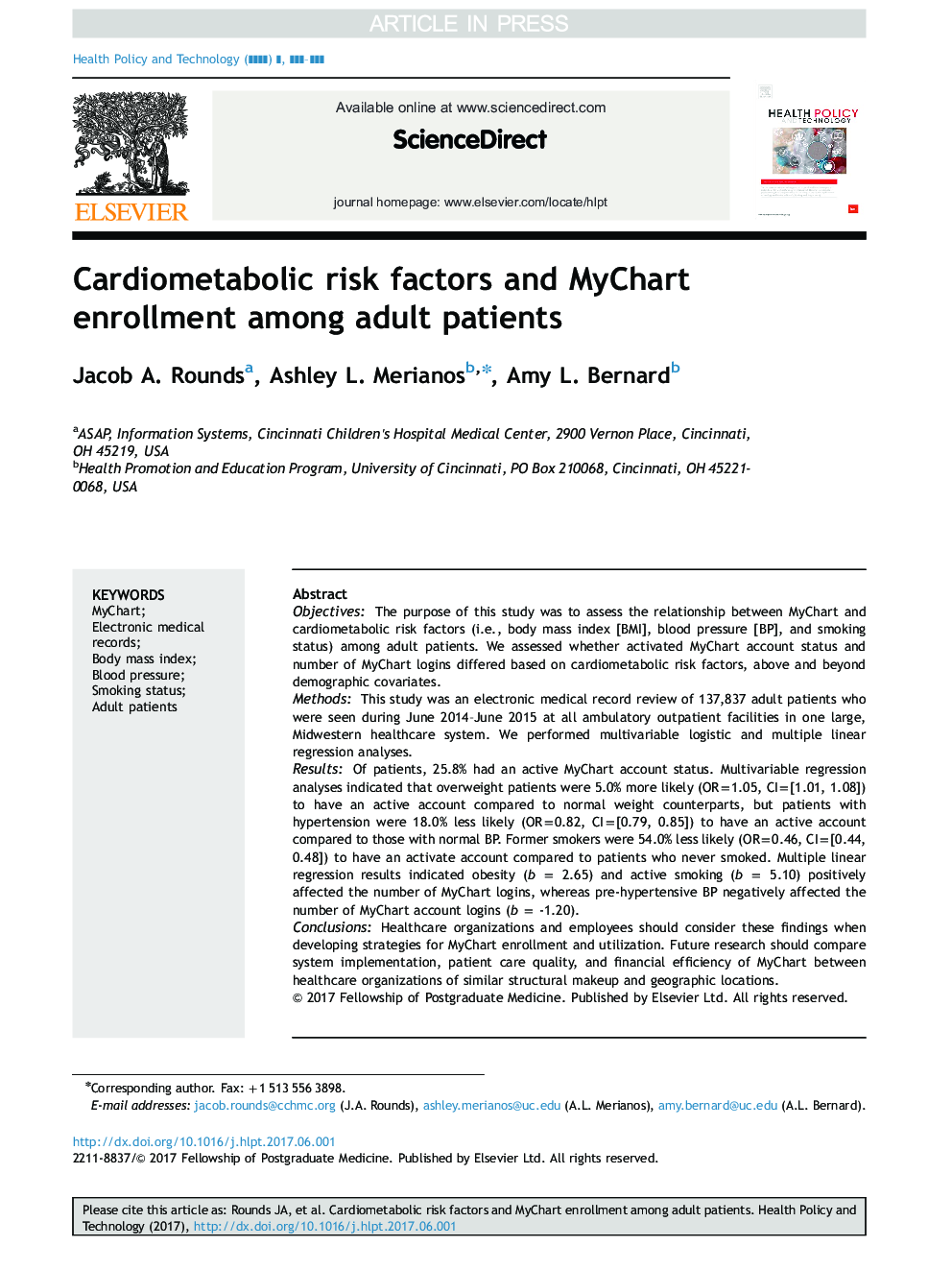 Cardiometabolic risk factors and MyChart enrollment among adult patients