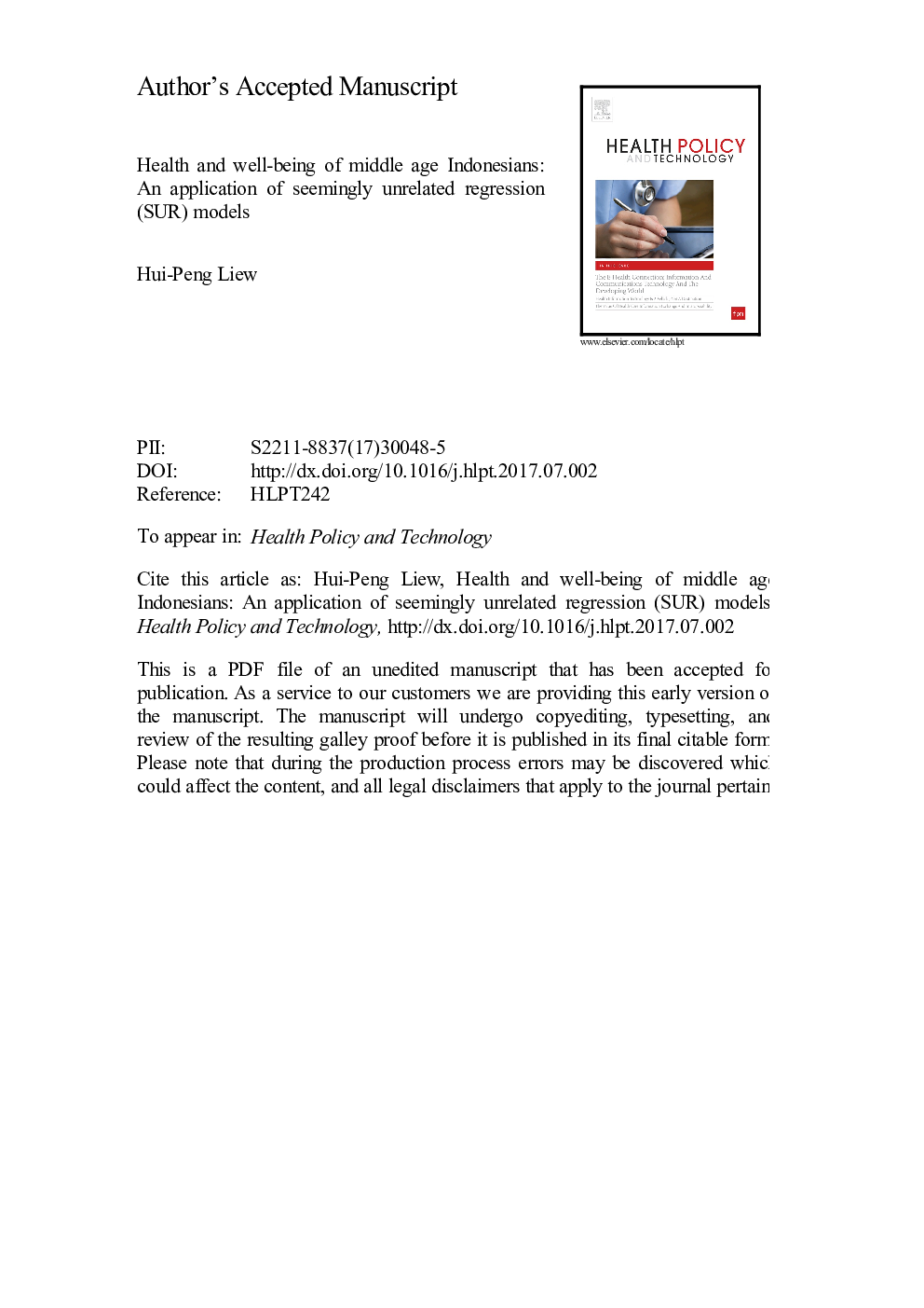 Health and well-being of middle age Indonesians: An application of seemingly unrelated regression (SUR) models