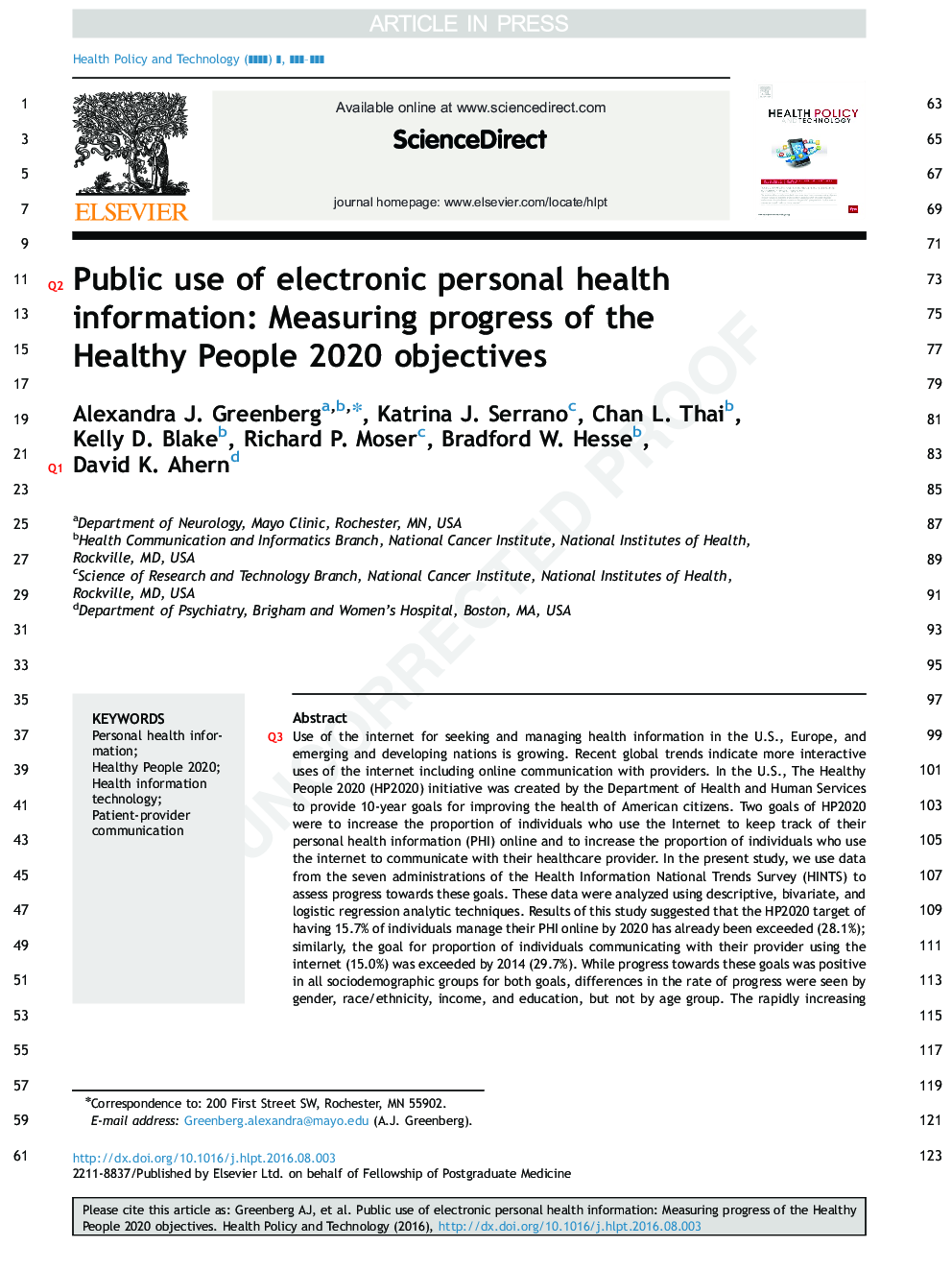 Public use of electronic personal health information: Measuring progress of the Healthy People 2020 objectives