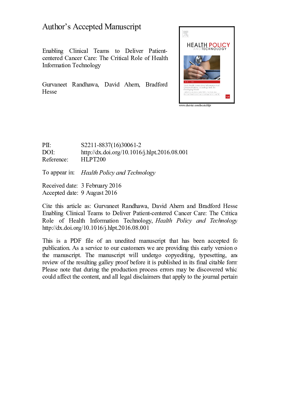 Information technology-enabled team-based, patient-centered care: The example of depression screening and management in cancer care