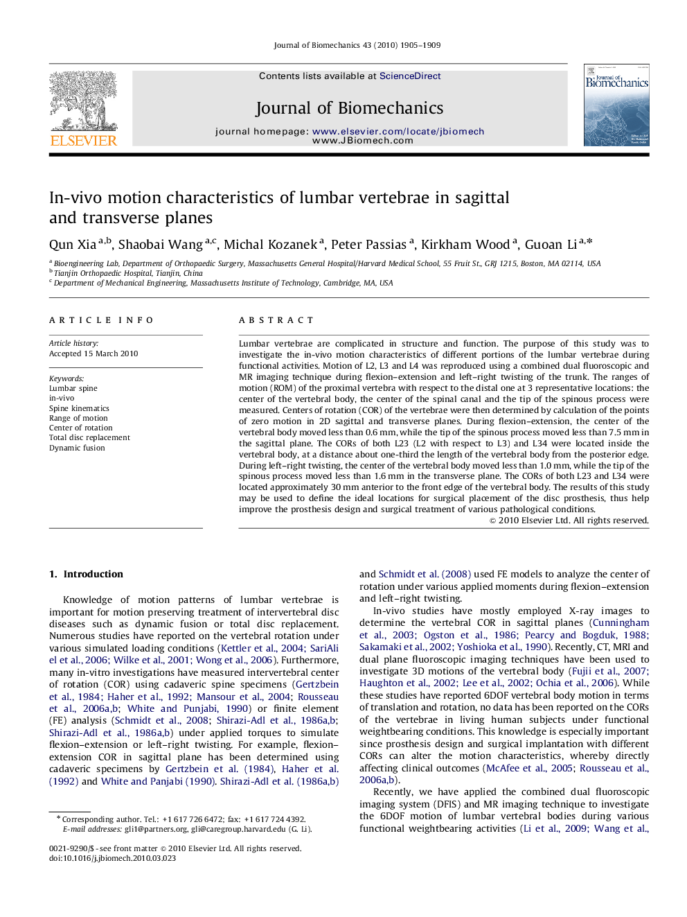 In-vivo motion characteristics of lumbar vertebrae in sagittal and transverse planes