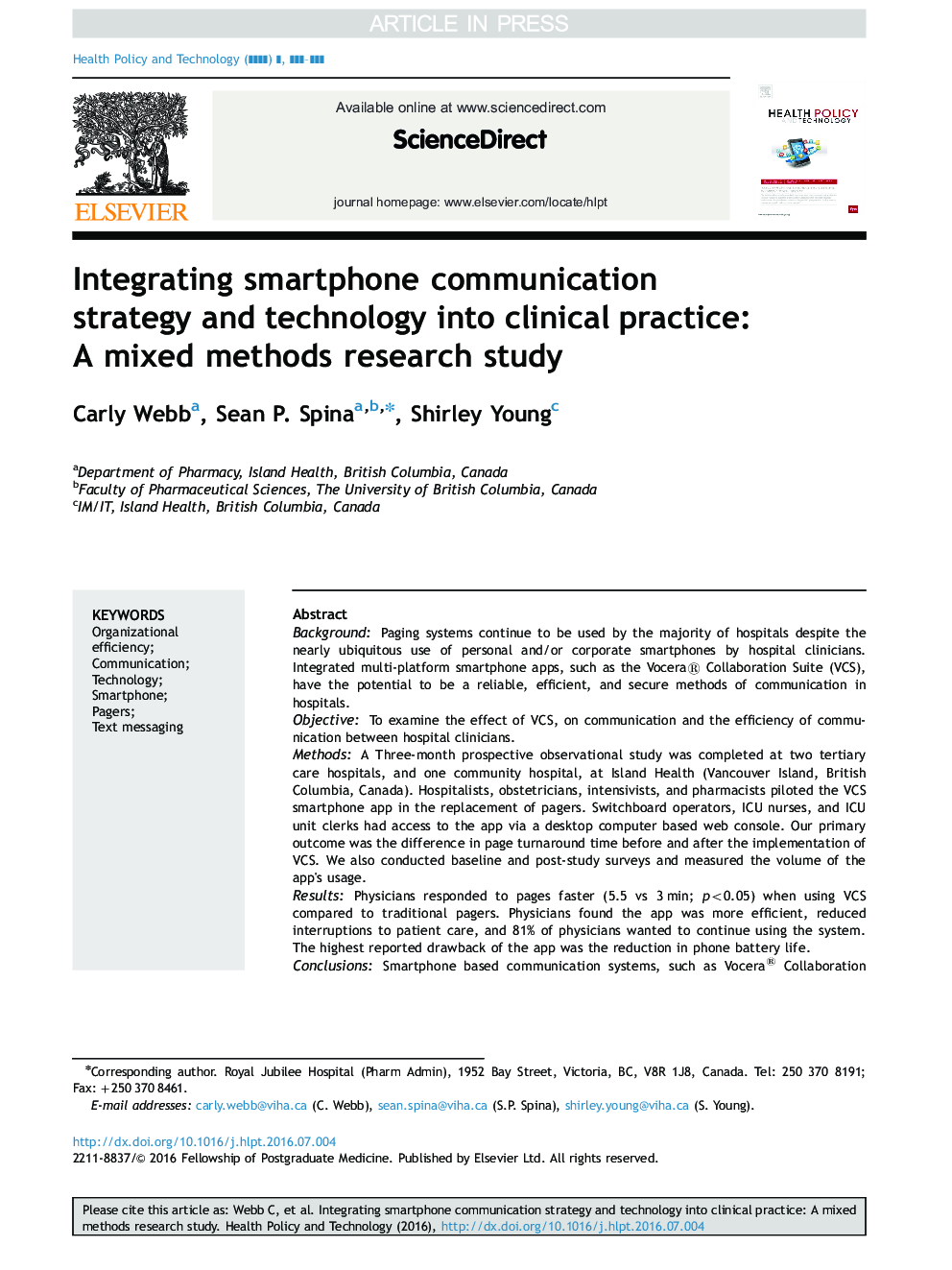 Integrating smartphone communication strategy and technology into clinical practice: A mixed methods research study