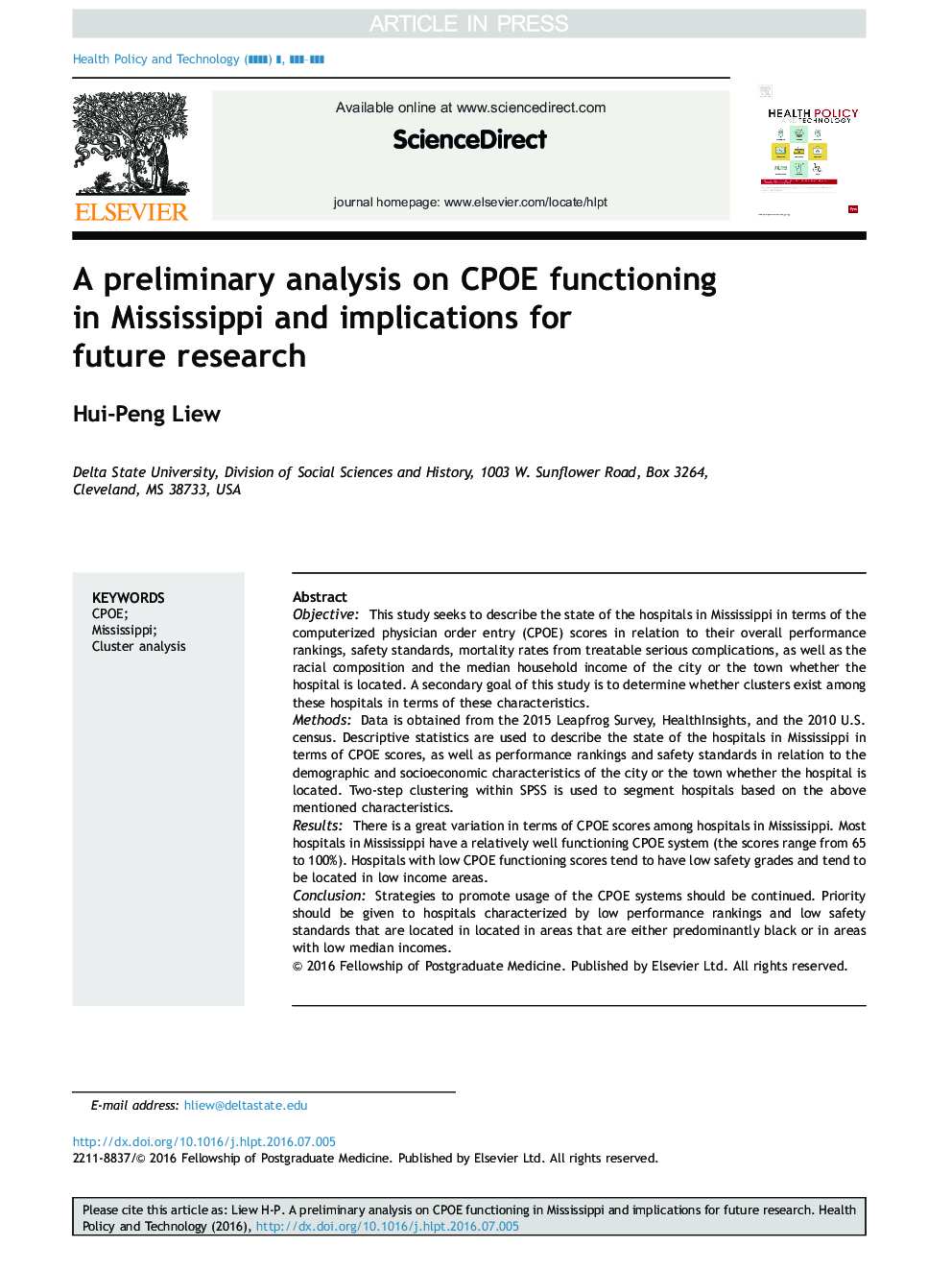 A preliminary analysis on CPOE functioning in Mississippi and implications for future research