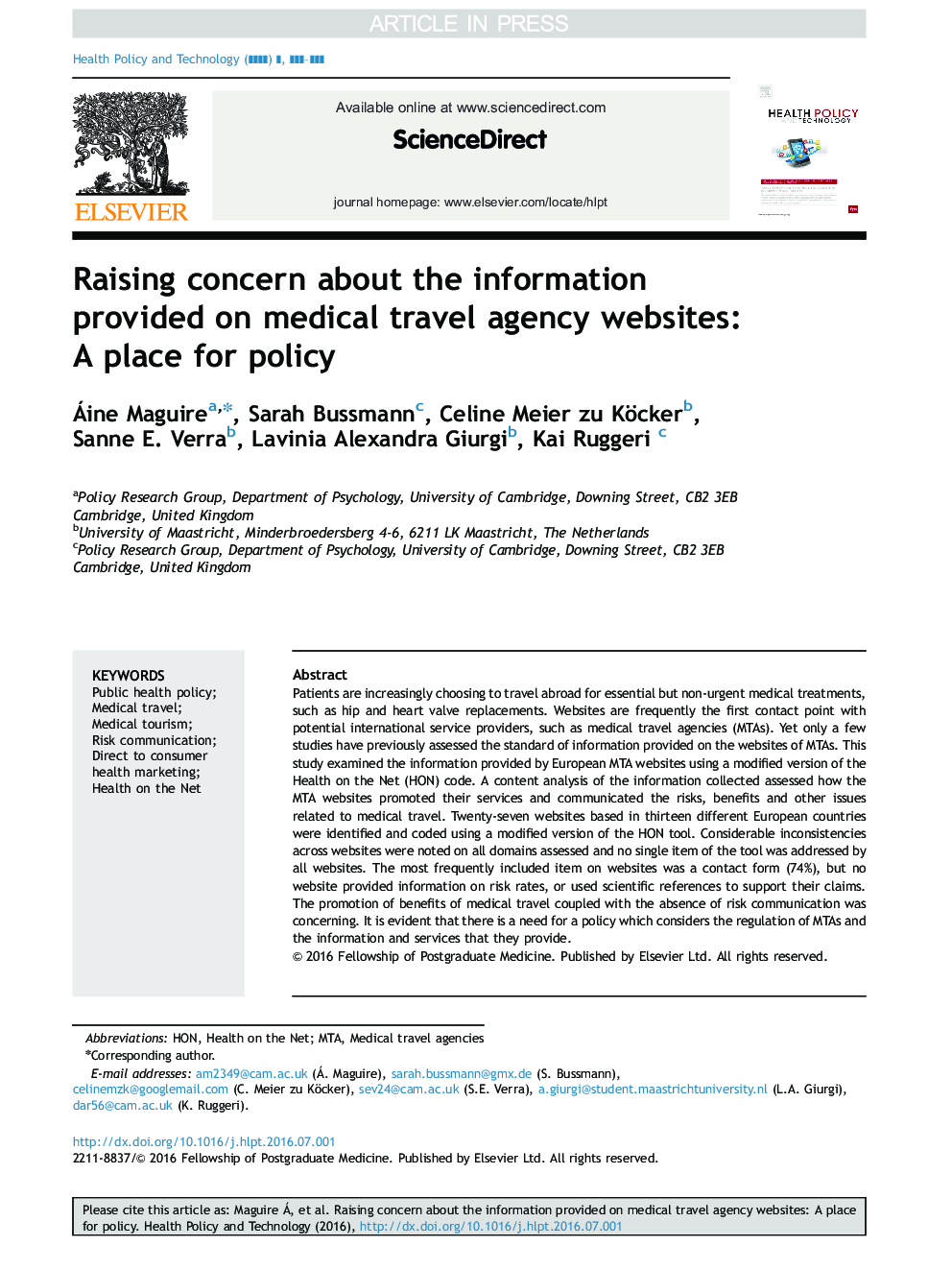 افزایش نگرانی در مورد اطلاعات ارائه شده در وب سایت های آژانس های مسافرتی پزشکی: محل برای سیاست 