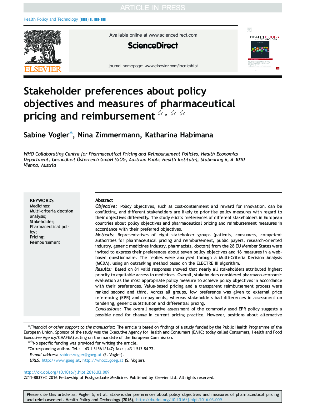 Stakeholder preferences about policy objectives and measures of pharmaceutical pricing and reimbursement