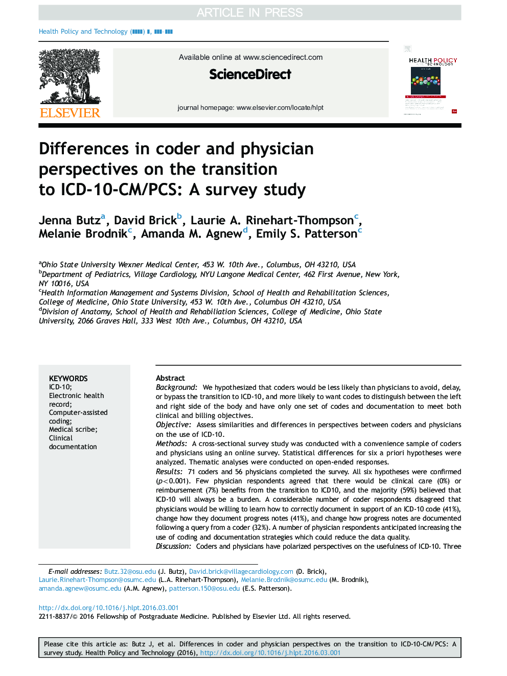 Differences in coder and physician perspectives on the transition to ICD-10-CM/PCS: A survey study