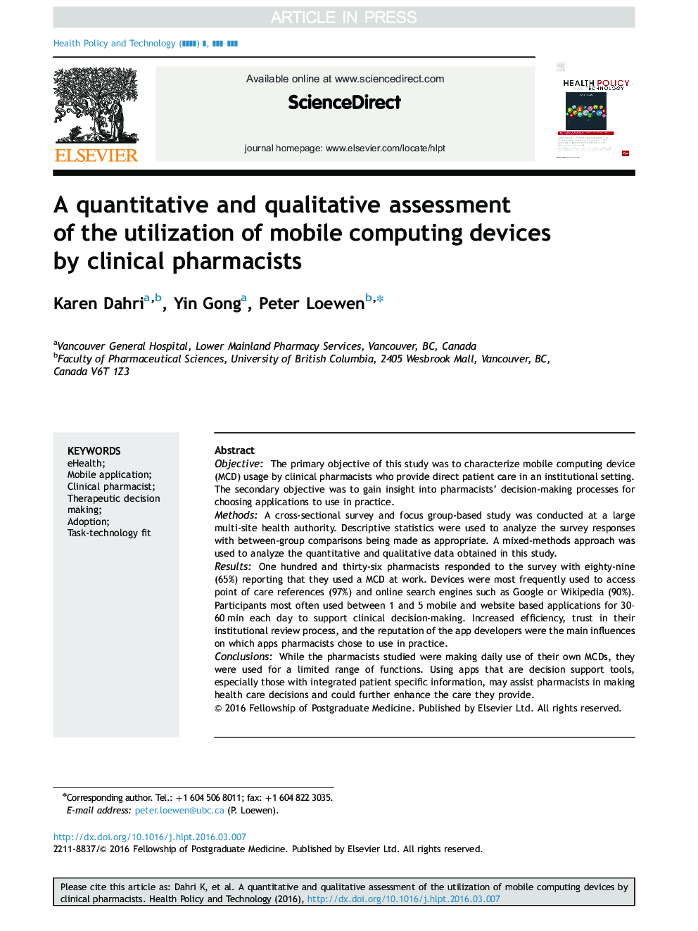 A quantitative and qualitative assessment of the utilization of mobile computing devices by clinical pharmacists