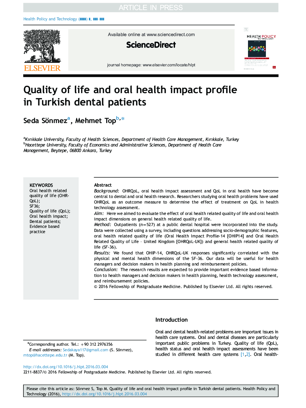 Quality of life and oral health impact profile in Turkish dental patients