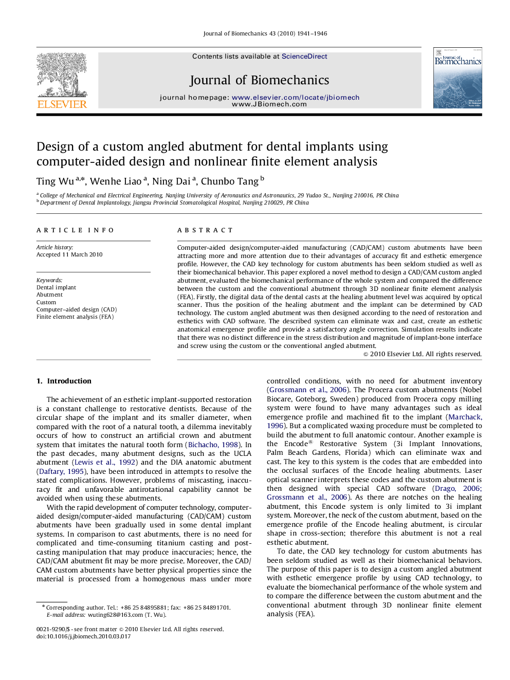 Design of a custom angled abutment for dental implants using computer-aided design and nonlinear finite element analysis