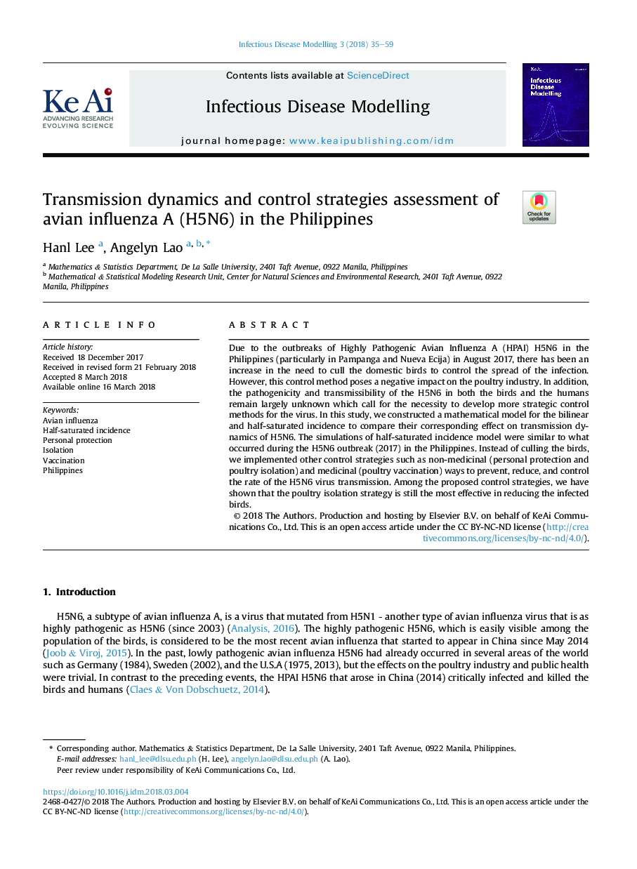 Transmission dynamics and control strategies assessment of avian influenza A (H5N6) in the Philippines