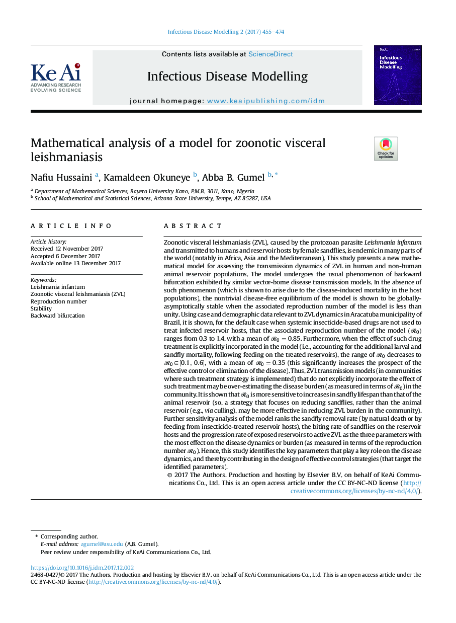 Mathematical analysis of a model for zoonotic visceral leishmaniasis