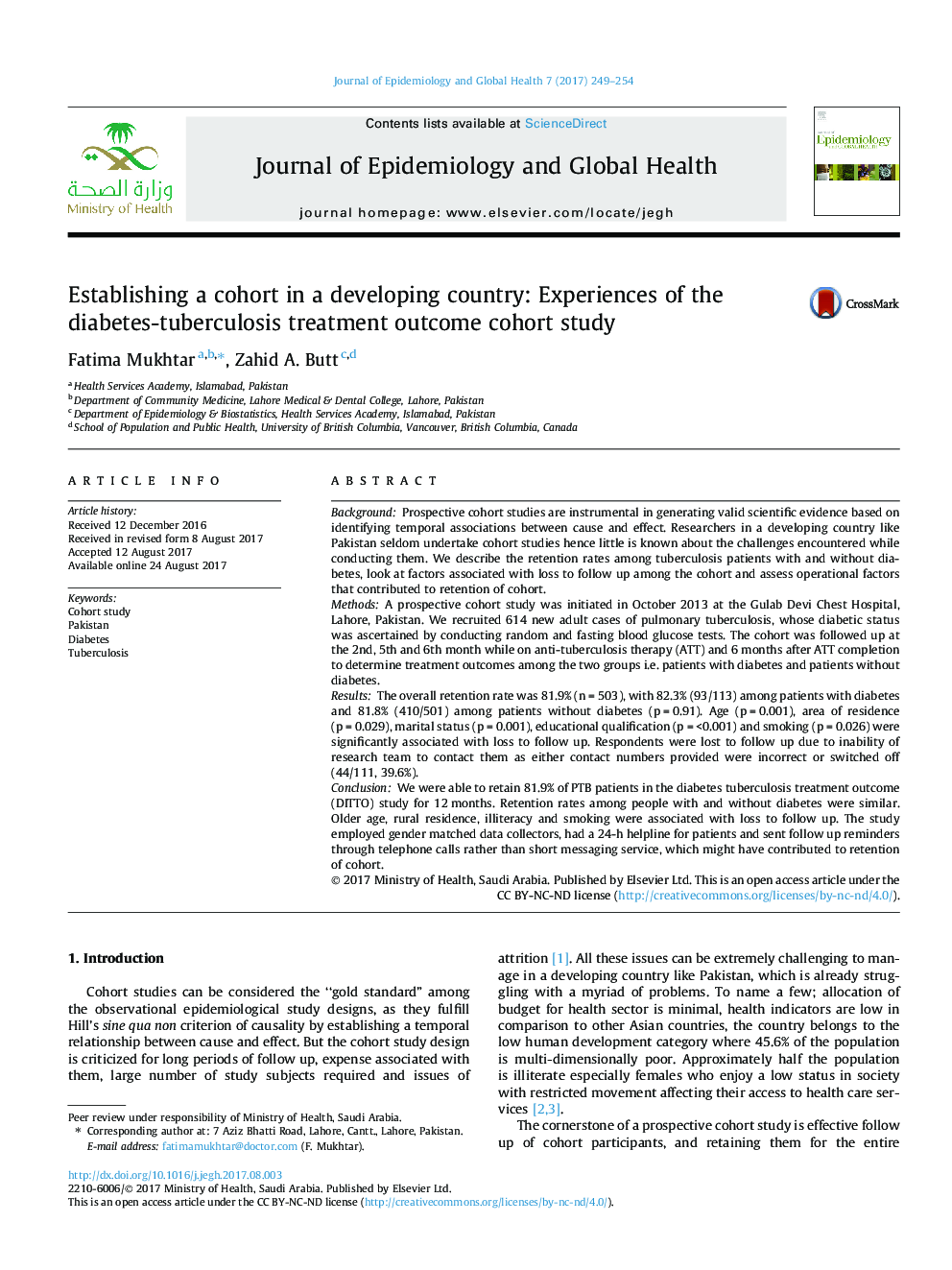 Establishing a cohort in a developing country: Experiences of the diabetes-tuberculosis treatment outcome cohort study