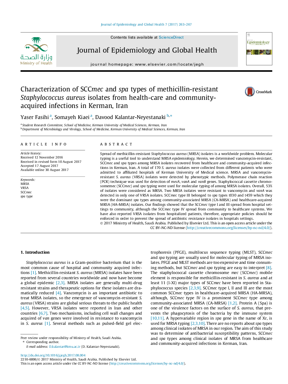 Characterization of SCCmec and spa types of methicillin-resistant Staphylococcus aureus isolates from health-care and community-acquired infections in Kerman, Iran