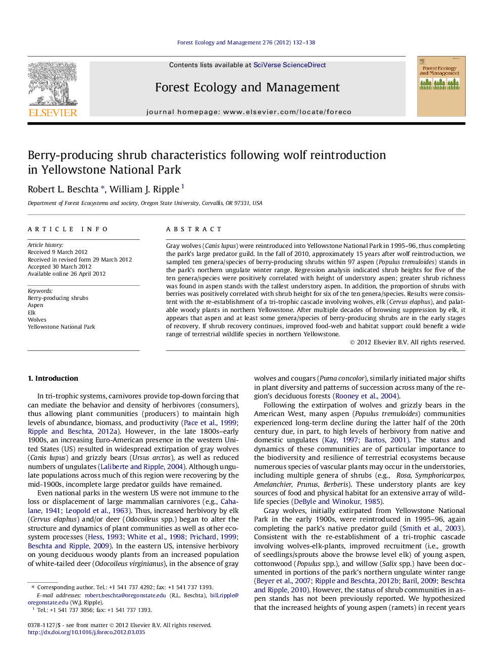 Berry-producing shrub characteristics following wolf reintroduction in Yellowstone National Park